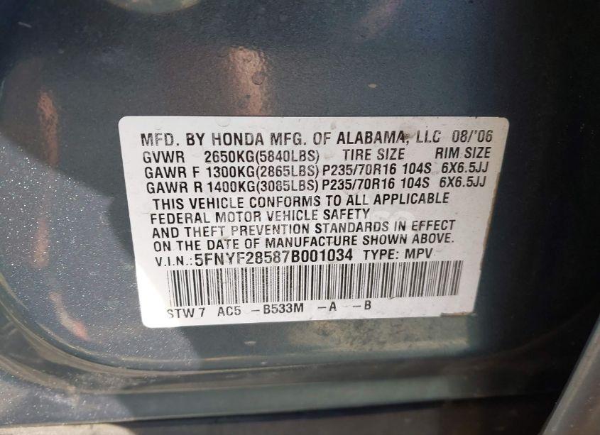 Photo 9 of 2007 Honda Pilot EX-L (VIN 5FNYF28587B001034)