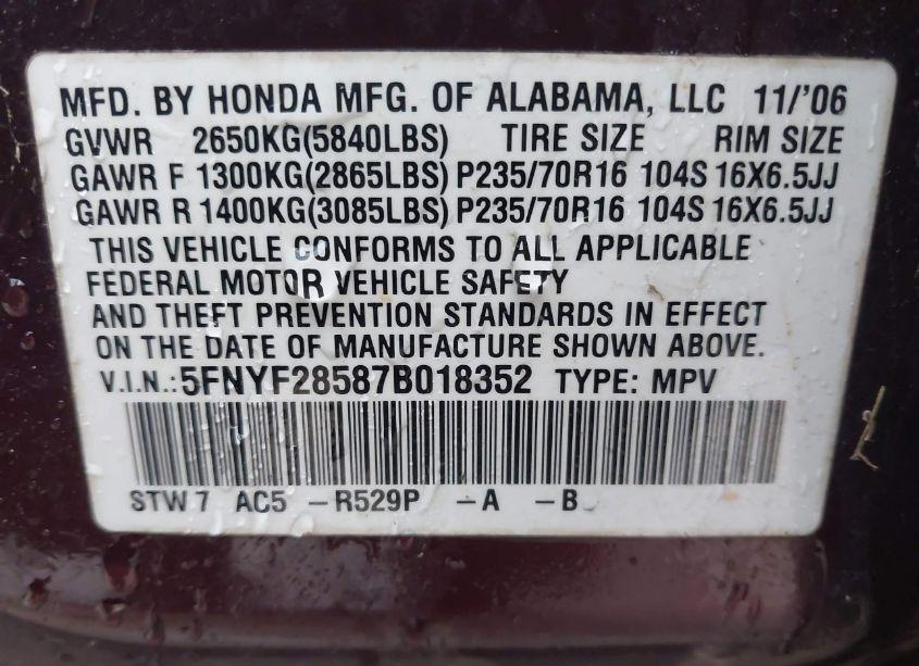 Photo 9 of 2007 Honda Pilot EX-L (VIN 5FNYF28587B018352)