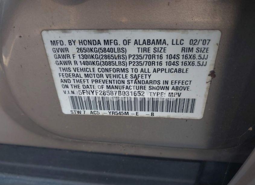 Photo 9 of 2007 Honda Pilot EX-L (VIN 5FNYF28587B031652)