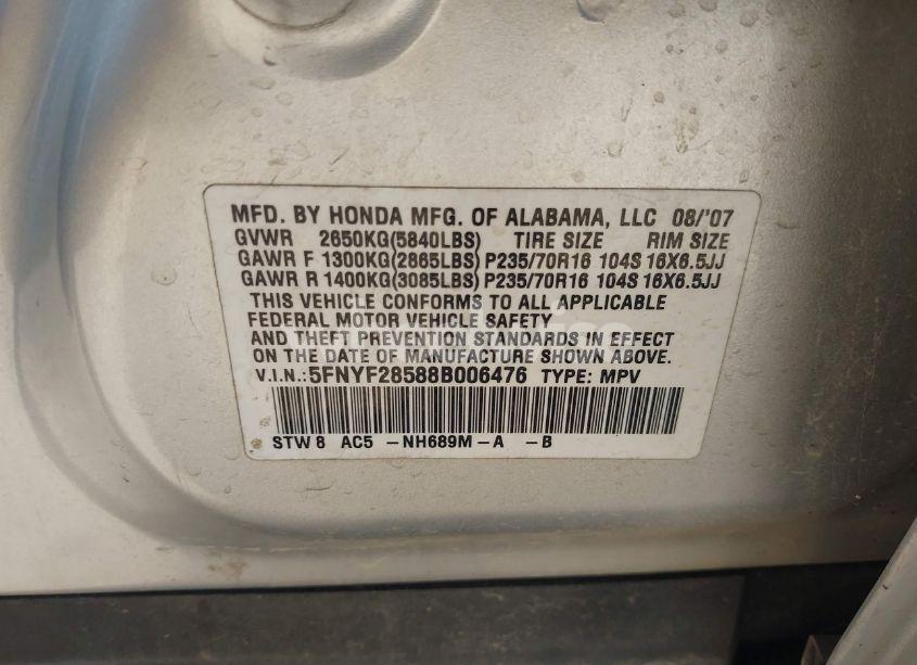 Photo 9 of 2008 Honda Pilot EX-L (VIN 5FNYF28588B006476)