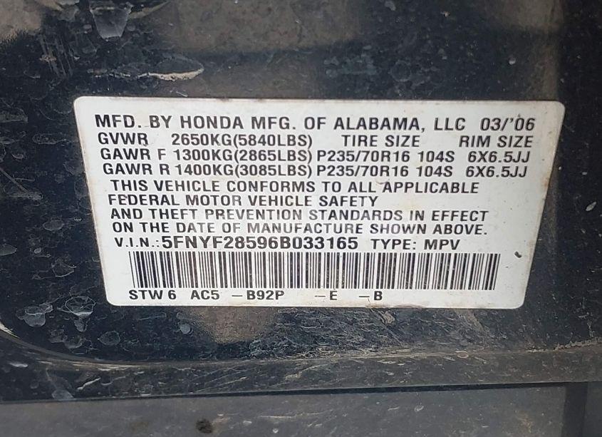 Photo 9 of 2006 Honda Pilot EX-L (VIN 5FNYF28596B033165)