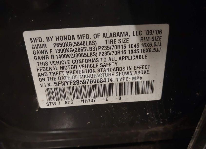 Photo 9 of 2007 Honda Pilot EX-L (VIN 5FNYF28597B008414)