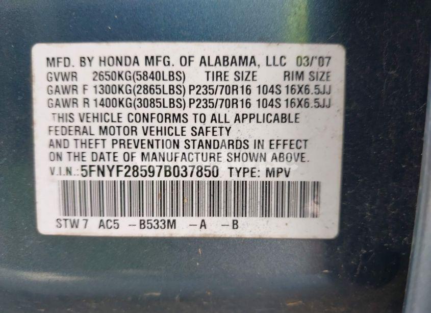Photo 9 of 2007 Honda Pilot EX-L (VIN 5FNYF28597B037850)