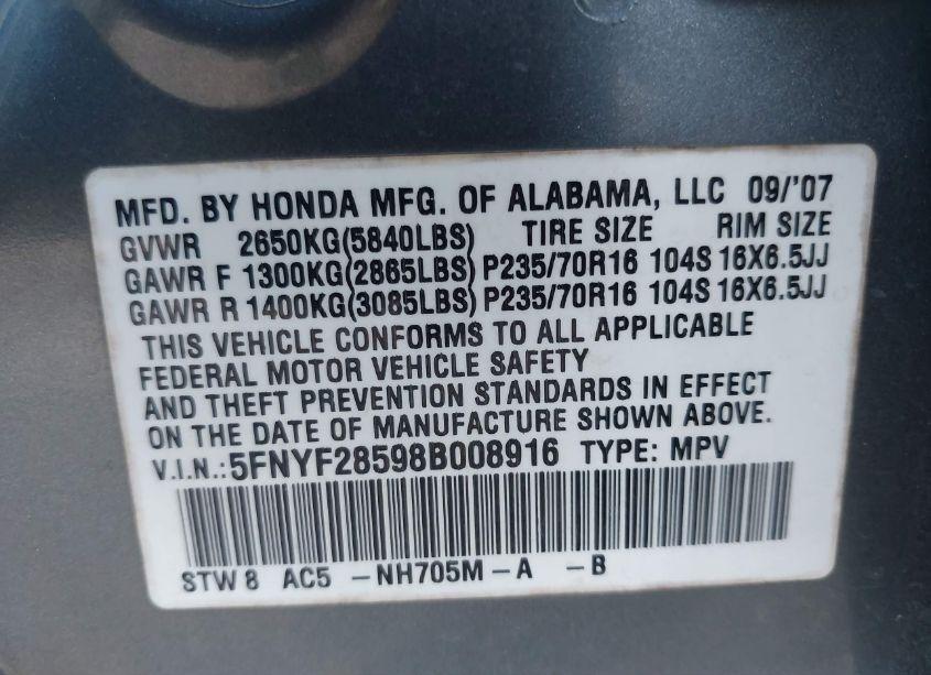 Photo 9 of 2008 Honda Pilot EX-L (VIN 5FNYF28598B008916)