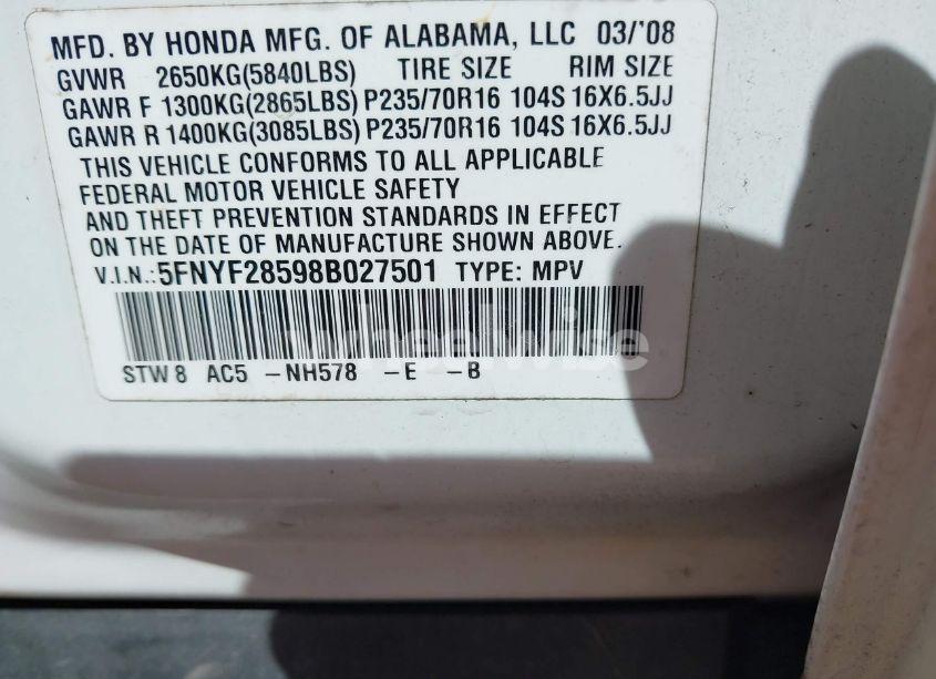 Photo 9 of 2008 Honda Pilot EX-L (VIN 5FNYF28598B027501)
