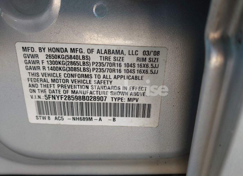 Photo 9 of 2008 Honda Pilot EX-L (VIN 5FNYF28598B028907)