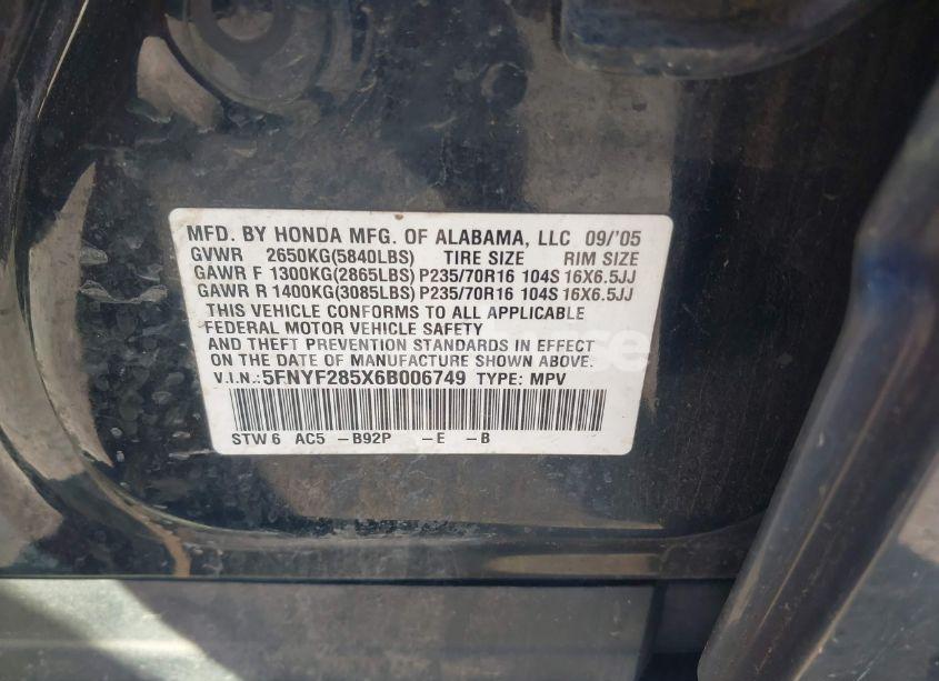 Photo 9 of 2006 Honda Pilot EX-L (VIN 5FNYF285X6B006749)