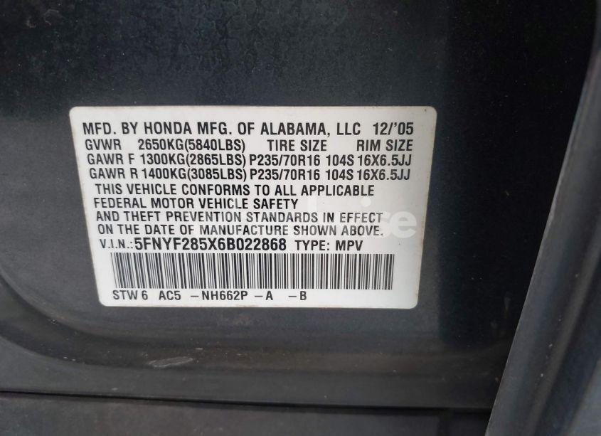 Photo 9 of 2006 Honda Pilot EX-L (VIN 5FNYF285X6B022868)