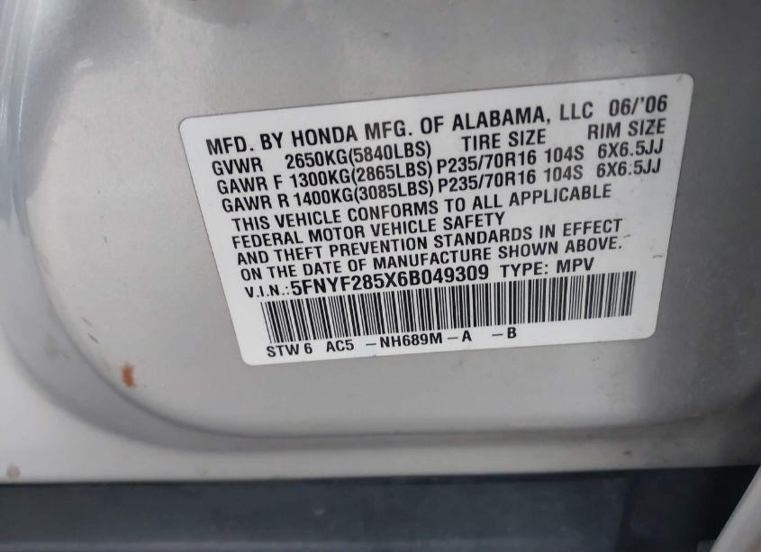 Photo 9 of 2006 Honda Pilot EX-L (VIN 5FNYF285X6B049309)