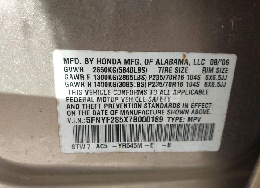 Photo 9 of 2007 Honda Pilot EX-L (VIN 5FNYF285X7B000189)