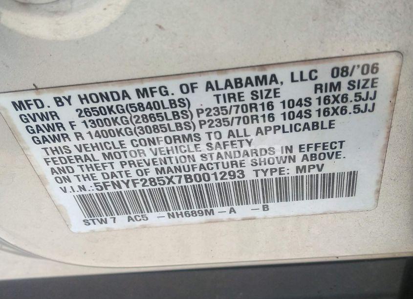 Photo 9 of 2007 Honda Pilot EX-L (VIN 5FNYF285X7B001293)