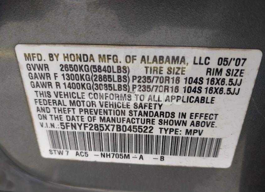 Photo 9 of 2007 Honda Pilot EX-L (VIN 5FNYF285X7B045522)