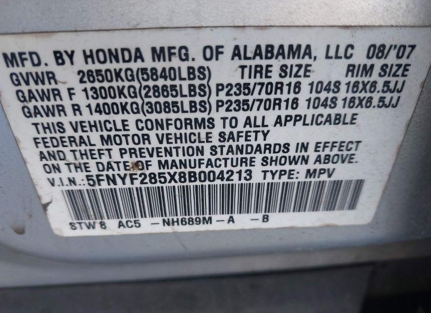 Photo 9 of 2008 Honda Pilot EX-L (VIN 5FNYF285X8B004213)