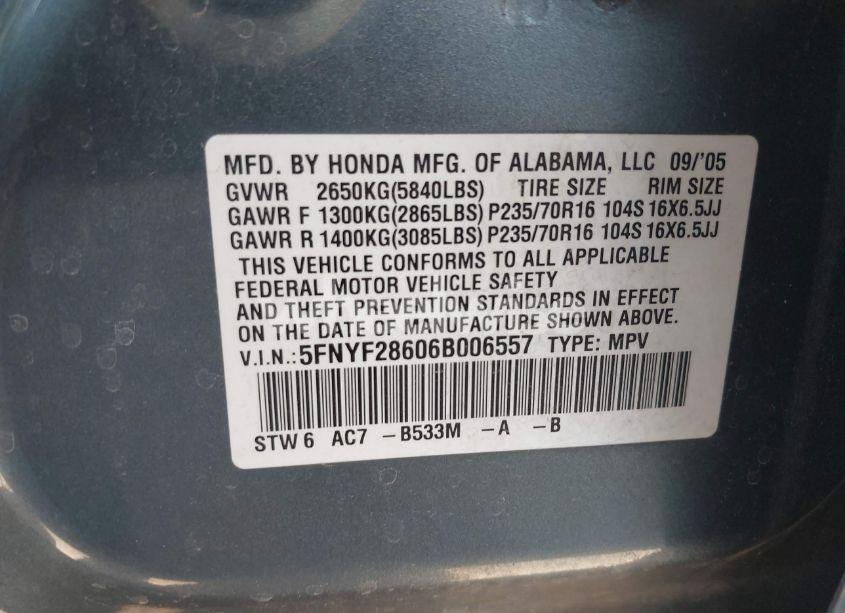 Photo 9 of 2006 Honda Pilot EX-L (VIN 5FNYF28606B006557)