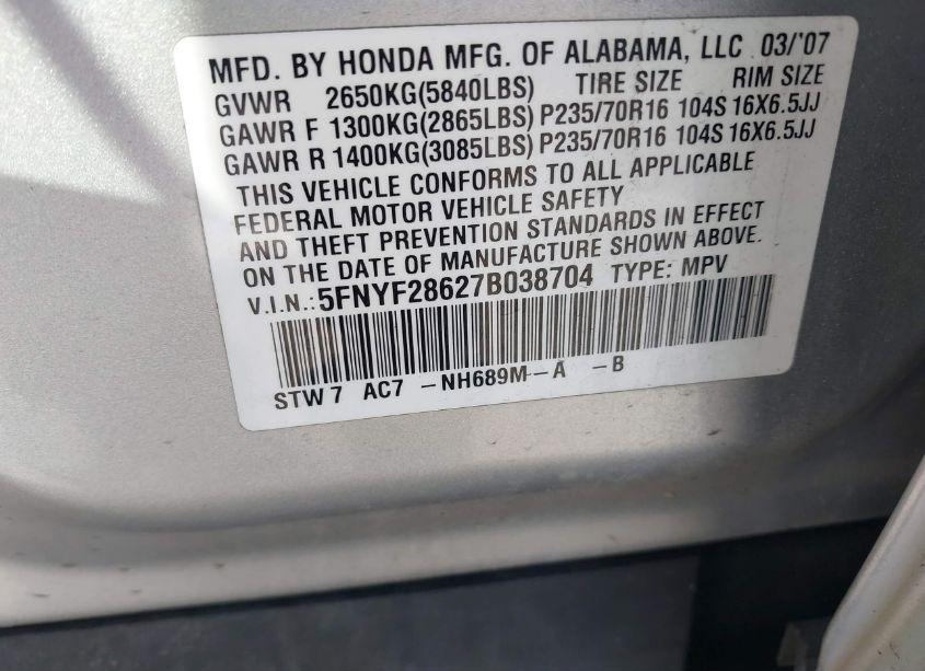 Photo 9 of 2007 Honda Pilot EX-L (VIN 5FNYF28627B038704)