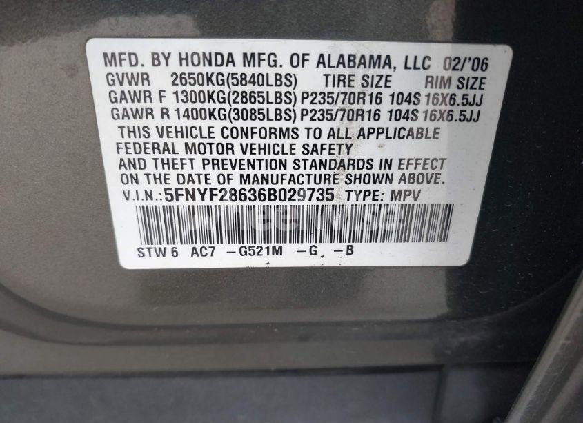 Photo 9 of 2006 Honda Pilot EX-L (VIN 5FNYF28636B029735)