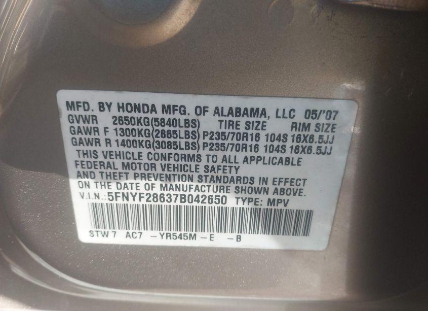 Photo 9 of 2007 Honda Pilot EXL (VIN 5FNYF28637B042650)