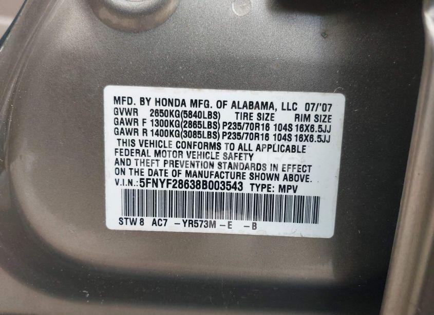 Photo 9 of 2008 Honda Pilot EX-L (VIN 5FNYF28638B003543)