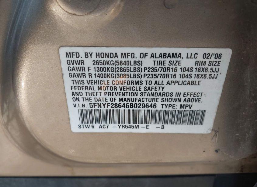 Photo 9 of 2006 Honda Pilot EX-L (VIN 5FNYF28646B029646)