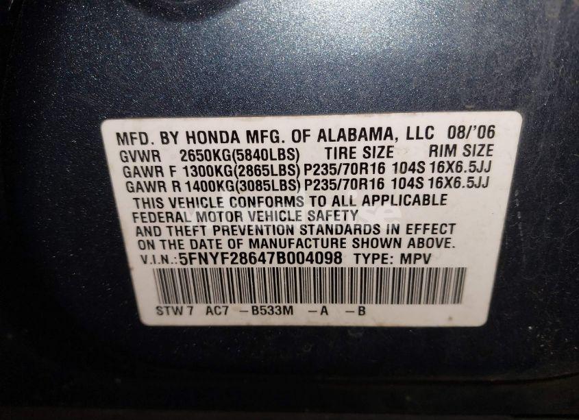 Photo 9 of 2007 Honda Pilot EX-L (VIN 5FNYF28647B004098)