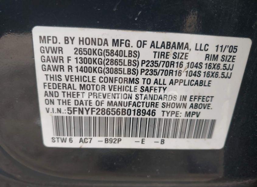 Photo 9 of 2006 Honda Pilot EX-L (VIN 5FNYF28656B018946)