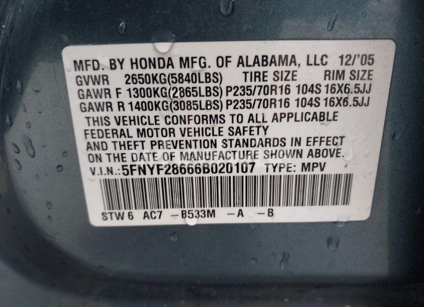 Photo 9 of 2006 Honda Pilot EX-L (VIN 5FNYF28666B020107)