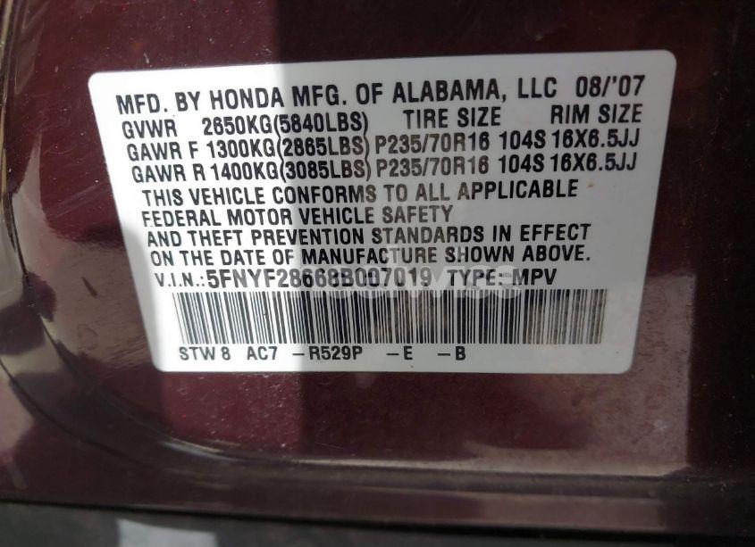 Photo 9 of 2008 Honda Pilot EX-L (VIN 5FNYF28668B007019)