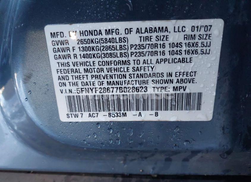 Photo 9 of 2007 Honda Pilot EX-L (VIN 5FNYF28677B028623)