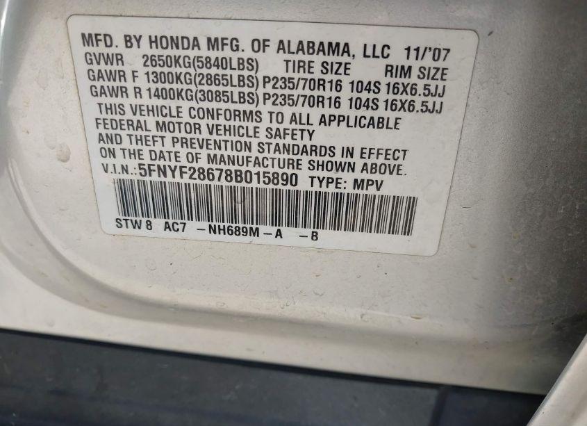 Photo 9 of 2008 Honda Pilot EX-L (VIN 5FNYF28678B015890)