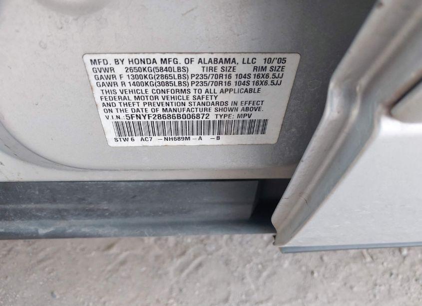 Photo 9 of 2006 Honda Pilot EX-L (VIN 5FNYF28686B006872)