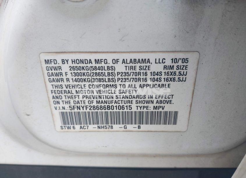 Photo 9 of 2006 Honda Pilot EX-L (VIN 5FNYF28686B010615)