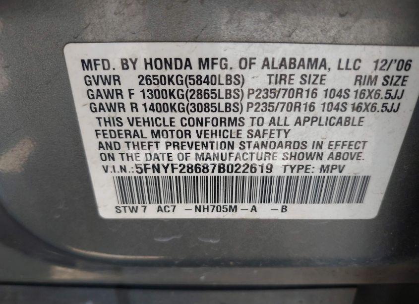 Photo 9 of 2007 Honda Pilot EX-L (VIN 5FNYF28687B022619)