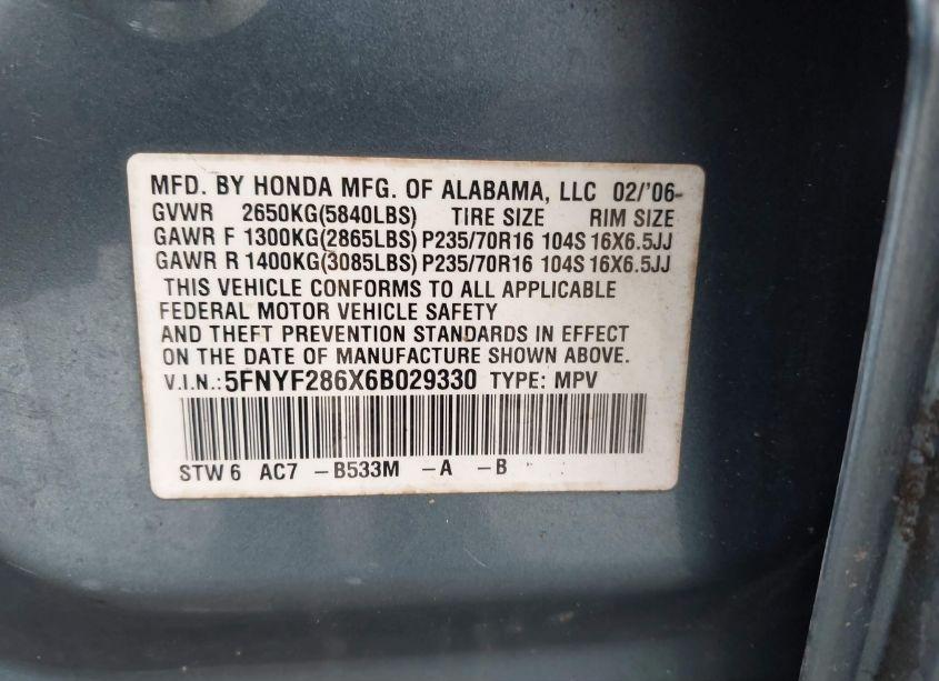 Photo 9 of 2006 Honda Pilot EX-L (VIN 5FNYF286X6B029330)