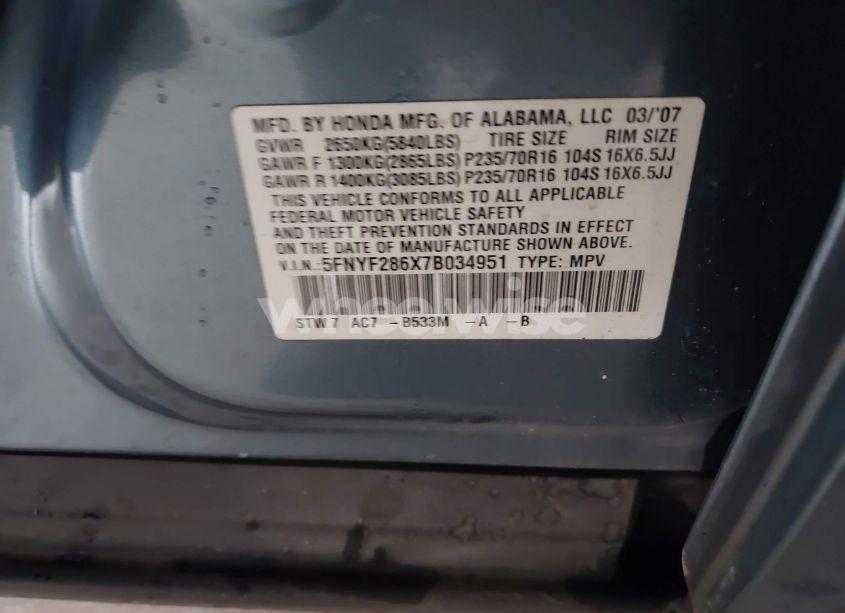 Photo 9 of 2007 Honda Pilot EX-L (VIN 5FNYF286X7B034951)