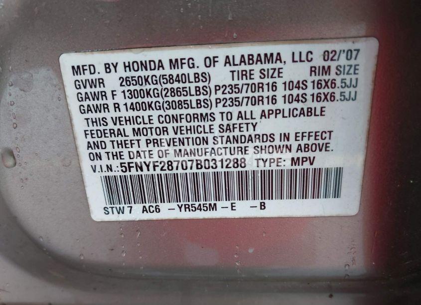 Photo 9 of 2007 Honda Pilot EX-L (VIN 5FNYF28707B031288)