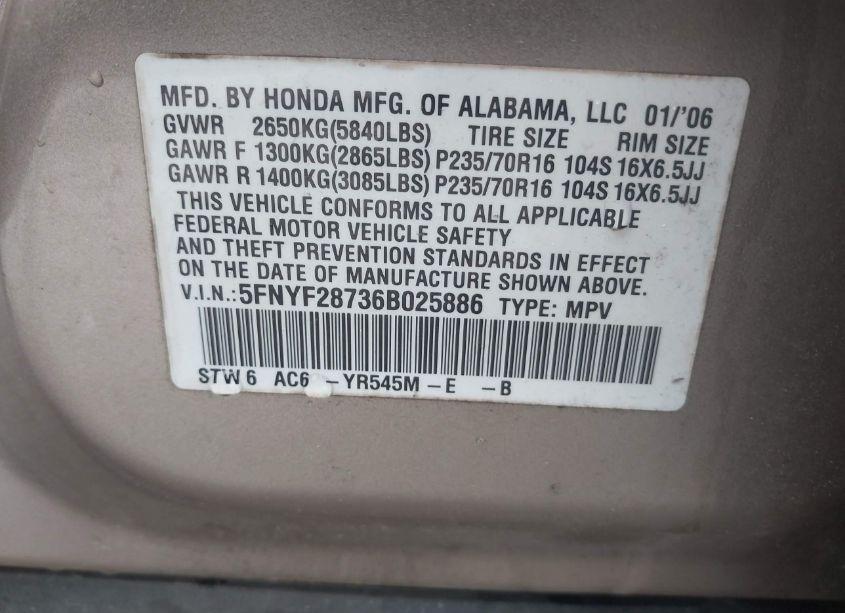 Photo 9 of 2006 Honda Pilot EX (VIN 5FNYF28736B025886)
