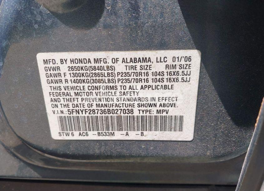 Photo 9 of 2006 Honda Pilot EX-L (VIN 5FNYF28736B027038)