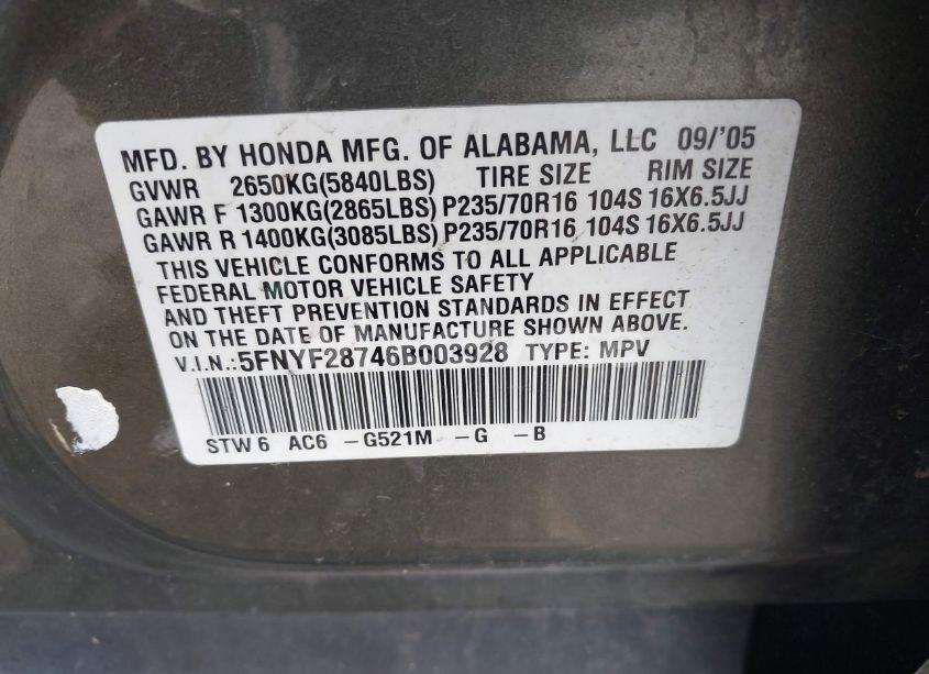Photo 9 of 2006 Honda Pilot EX-L (VIN 5FNYF28746B003928)
