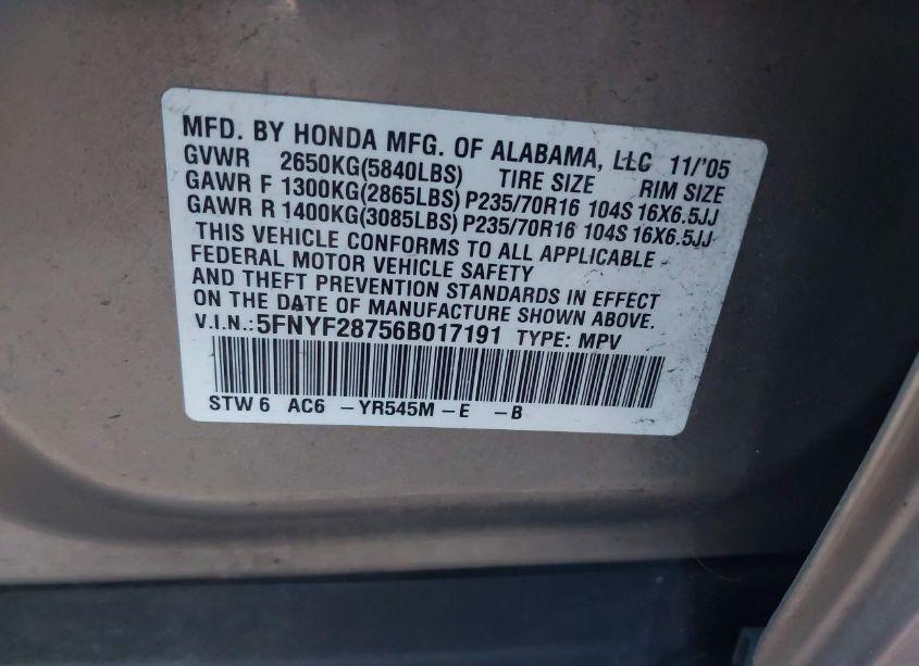 Photo 9 of 2006 Honda Pilot EX-L (VIN 5FNYF28756B017191)