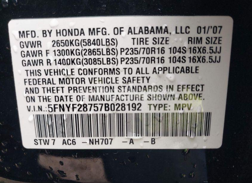 Photo 9 of 2007 Honda Pilot EX-L (VIN 5FNYF28757B028192)
