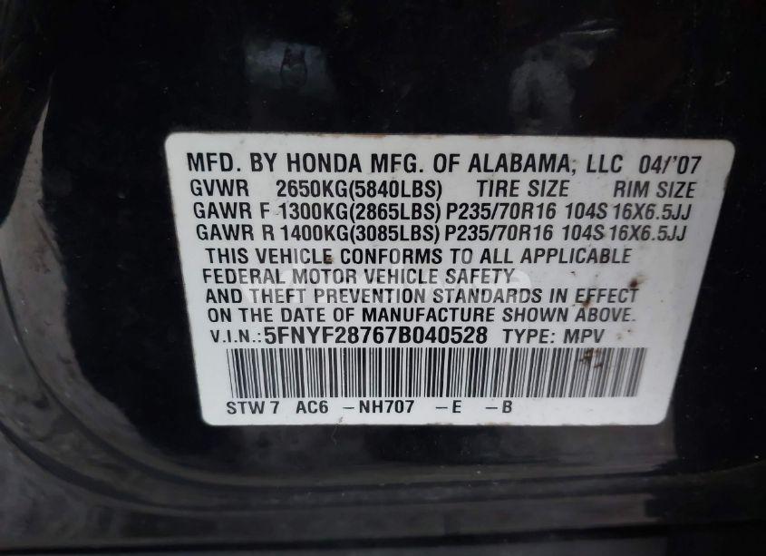 Photo 9 of 2007 Honda Pilot EX-L (VIN 5FNYF28767B040528)