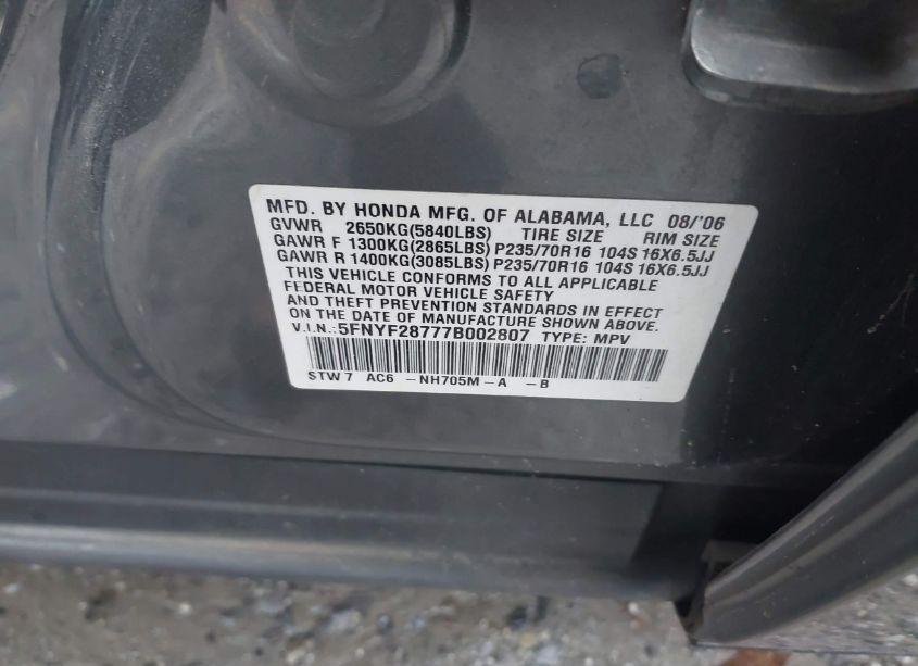 Photo 9 of 2007 Honda Pilot EX-L (VIN 5FNYF28777B002807)