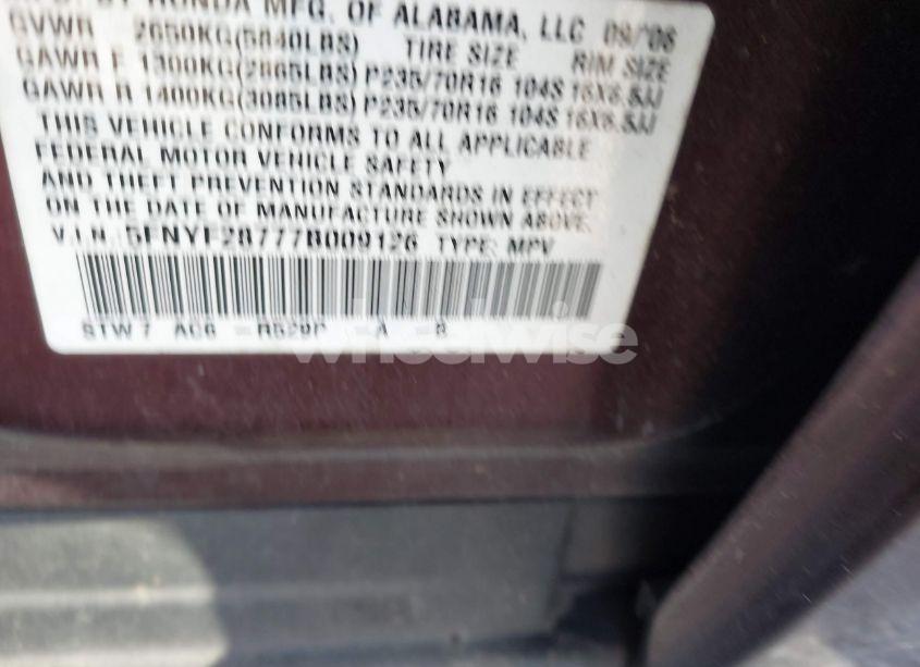 Photo 9 of 2007 Honda Pilot EX-L (VIN 5FNYF28777B009126)