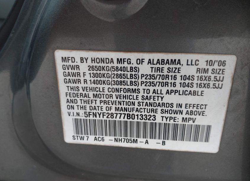 Photo 9 of 2007 Honda Pilot EX-L (VIN 5FNYF28777B013323)