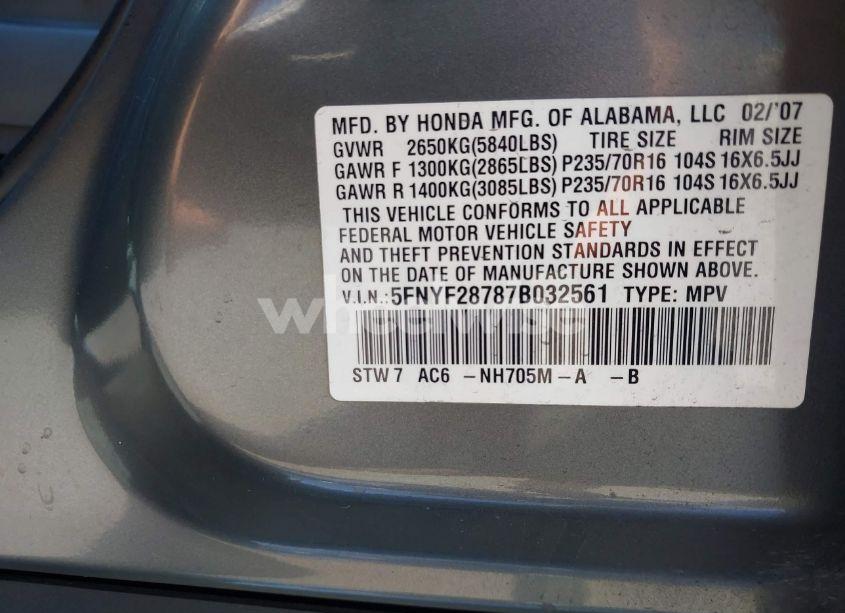 Photo 9 of 2007 Honda Pilot EX-L (VIN 5FNYF28787B032561)