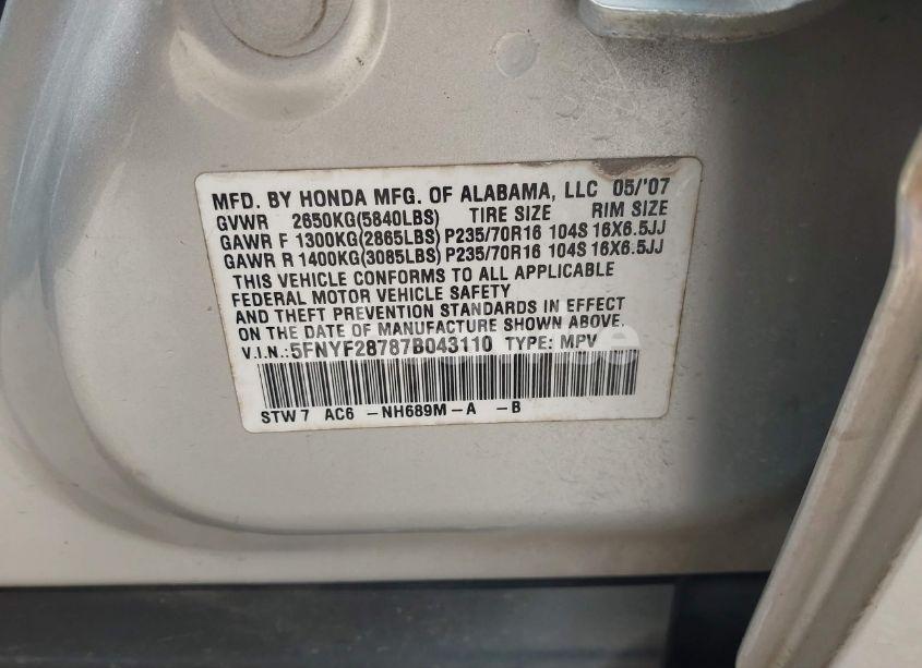 Photo 9 of 2007 Honda Pilot EX-L (VIN 5FNYF28787B043110)