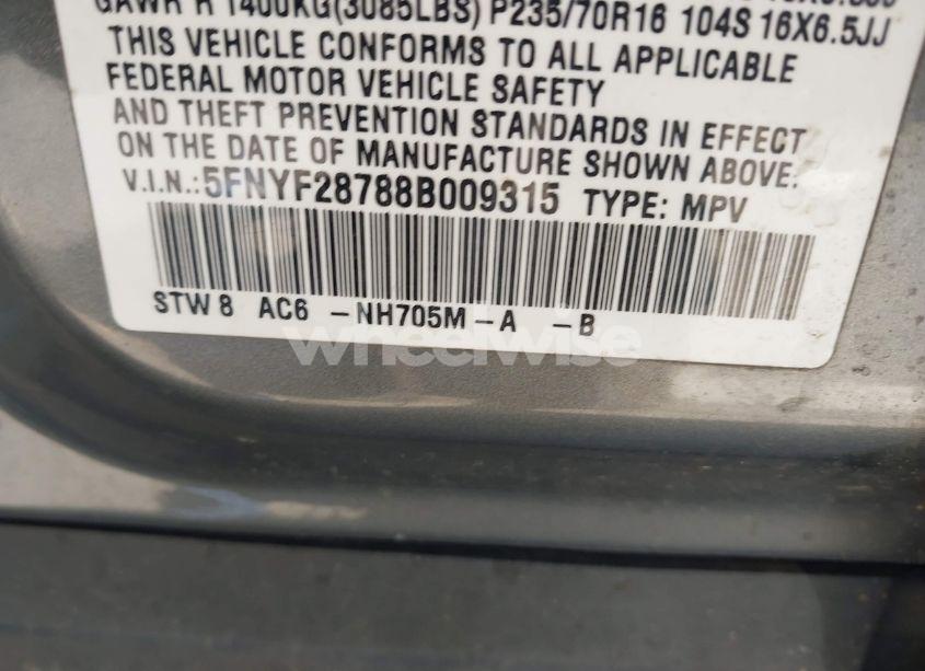 Photo 9 of 2008 Honda Pilot EX-L (VIN 5FNYF28788B009315)