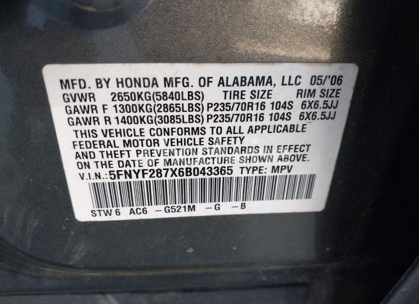 Photo 9 of 2006 Honda Pilot EX-L (VIN 5FNYF287X6B043365)