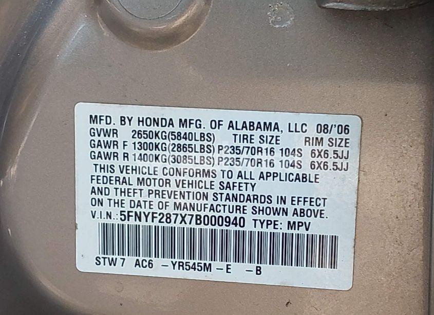 Photo 9 of 2007 Honda Pilot EX-L (VIN 5FNYF287X7B000940)