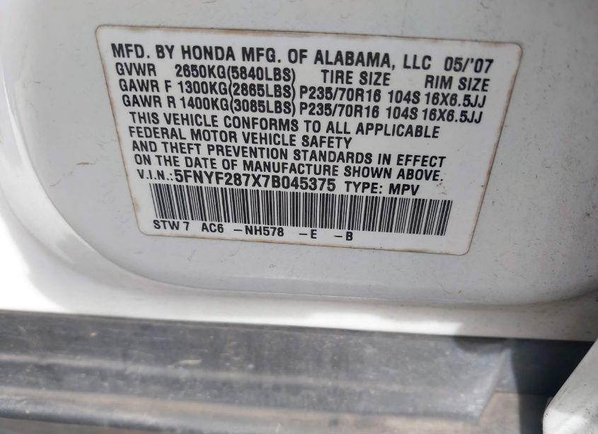 Photo 9 of 2007 Honda Pilot EX-L (VIN 5FNYF287X7B045375)